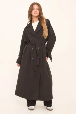 Black Double Breasted Tie Sleeve Longline Oversized Trench Coat - Annmarie