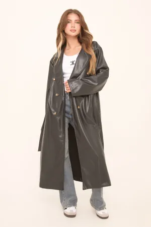 Black Faux Leather Double Breasted Oversized Longline Trench Coat - Ethel