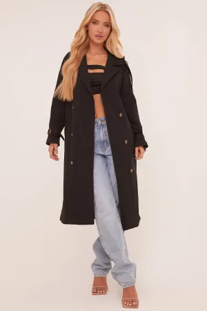 Black Longline Belt Detail Button Front Trench Coat - Melony